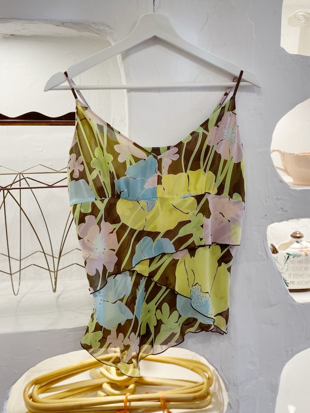 Y2K Esprit Floral Mesh Flowy Layered Tank Top with Asymmetrical Hem